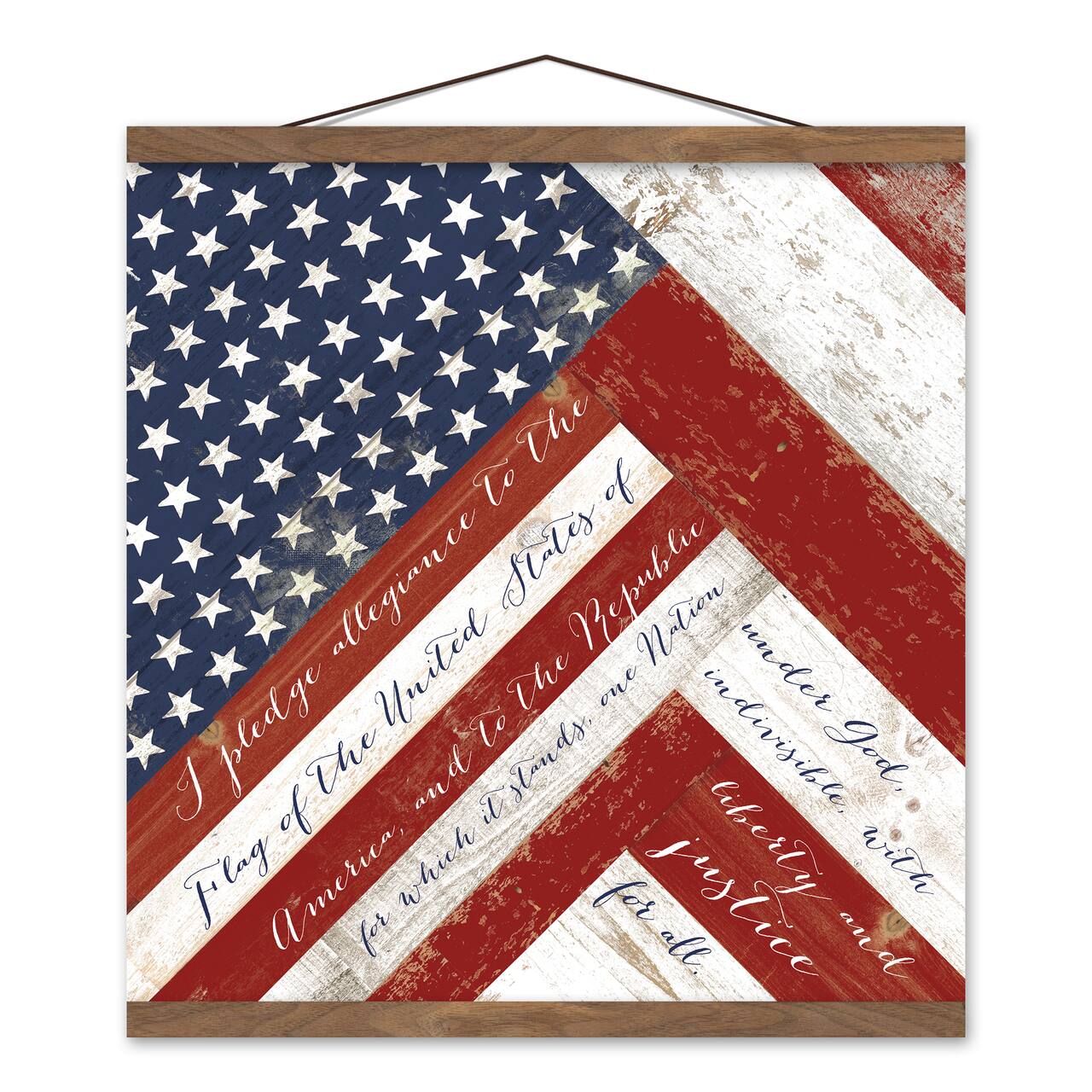 American Flag Pledge Teak Hanging Canvas